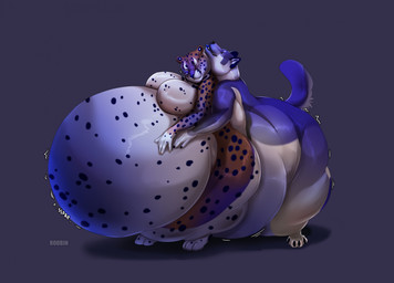 anthro belly big_belly blue_body blue_fur blueberry_inflation breasts brown_body brown_fur cuddling duo eyes_closed facial_spots featureless_breasts female female_anthro fur huge_belly huge_hips inflation nude spots spotted_arms spotted_belly spotted_face spotted_legs standing white_body white_fur wide_hips roobin roobin_(character) rove_(falloutwolf) canid canine felid mammal hi_res