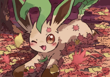 ambiguous_gender autumn autumn_leaves blush blush_lines brown_eyes feral fur happy leaf leg_markings looking_back lying markings on_front one_eye_closed open_mouth plant socks_(marking) solo tail tan_body tan_fur tongue tree chaco_(illustrattyako) nintendo pokemon eeveelution generation_4_pokemon leafeon pokemon_(species) 2025 absurd_res hi_res