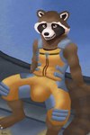 anthro big_bulge brown_body brown_fur bulge clothing fountain fur jumpsuit looking_at_viewer male open_mouth public red_eyes seductive sitting solo suggestive white_body white_fur conditional_dnp pawsta guardians_of_the_galaxy marvel rocket_raccoon mammal procyonid raccoon absurd_res hi_res