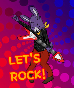 alternate_species bottomwear clothing coat collar devil_horns_(gesture) electric_guitar furrification gesture guitar hand_gesture male music musical_instrument pants pattern_background plucked_string_instrument red_bottomwear red_clothing red_pants rock simple_background solo string_instrument topwear yellow_collar vertix five_nights_at_freddy's scottgames bonnie_(fnaf) lagomorph leporid mammal rabbit hi_res