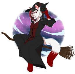ambiguous_gender anthro black_body black_clothing black_dress black_fur black_hat black_headwear breasts clothed clothing collar dipstick_tail dress duo eyebrows female feral fur hat headgear headwear magic_user markings open_mouth pink_inner_ear pink_nose pink_tongue red_body red_collar red_eyes red_fur red_tail_tip simple_background tail tail_markings tongue whiskers white_body white_fur witch witch_hat yellow_eyes citrinelle domestic_cat felid feline felis mammal 2015 cel_shading digital_drawing_(artwork) digital_media_(artwork) hi_res shaded