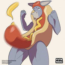 anthro clothing costume dress_up food hot_dog hot_dog_costume male mustard pelvic_thrust simple_background solo thrusting weird_face white_background futamaki asinus donkey equid equine mammal 1:1 hi_res