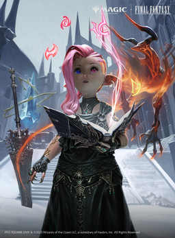 ambiguous_gender armor belt black_clothing black_dress blue_eyes book claws clothing crystal day dress duo ear_piercing ear_ring female feral fire hair heterochromia holding_book holding_object horn humanoid_pointy_ears looking_up magic magic_user melee_weapon outside piercing pink_eyes pink_hair pointy_ears ring_piercing sword text weapon kevin_glint final_fantasy final_fantasy_xiv hasbro magic:_the_gathering square_enix wizards_of_the_coast humanoid lalafell spirit absurd_res english_text hi_res official_art