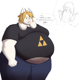 ambiguous_gender ambiguous_human anthro belly big_belly blonde_hair bottomwear clothing denim denim_bottomwear denim_clothing dialogue duo fur hair heterochromia horn jeans male male_anthro moobs obese obese_male overweight overweight_male pants shirt speech_bubble text topwear triforce white_body white_fur emiisdead deltarune nintendo the_legend_of_zelda undertale undertale_(series) asriel_dreemurr kris_dreemurr bovid caprine goat human mammal 2025 digital_media_(artwork) english_text hi_res