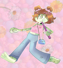 3_toes 4_fingers accessory anthro barefoot beaded_bracelet beaded_jewelry beads bent_arm bent_leg black_eyes blue_bottomwear blue_clothing blue_pants blue_purse bottomwear bracelet breasts brown_hair candy clothed clothed_anthro clothed_female clothing crop_top daisy_(flower) dessert eating_candy eyelashes feet female female_anthro fingers floral_background flower flower_in_hair food fully_clothed fully_clothed_anthro fully_clothed_female gold_(metal) gold_bracelet gold_jewelry green_body green_skin green_spots hair hair_accessory holding_candy holding_food holding_object jewelry light markings medium_hair midriff multicolored_body multicolored_skin navel non-mammal_breasts non-mammal_navel noseless odango ox_horns pants pink_background pink_clothing pink_crop_top pink_shirt pink_topwear plant purse purse_over_shoulder shirt simple_background slim_anthro slim_female small_breasts solo spots spotted_body spotted_skin toes topwear walking wolflly10 maggy_(wolflly10) amphibian frog 2024 absurd_res colored digital_drawing_(artwork) digital_media_(artwork) english_description full-length_portrait hi_res lighting portrait shaded
