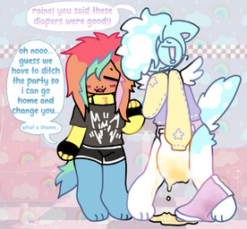 anthro blush bodily_fluids clothed clothing dialogue diaper diapered_male duo embarrassed eyewear facial_piercing feathered_wings feathers female fingerless_gloves fur genital_fluids glasses gloves hair hair_over_eye handwear leaking_diaper lip_piercing male male/female multicolored_body multicolored_fur piercing pink_eyes public_urination rainbow_body rainbow_fur scene_haircut smug tears text unclean_diaper urine urine_on_ground urine_pool used_diaper using_diaper wearing_diaper wet wet_clothing wet_diaper wetting wetting_diaper wings guppyscollar raine_beau_(guppyscollar) stormi_clouds_(guppyscollar) canid canine felid feline mammal english_text hi_res