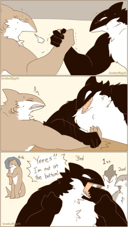 ambiguous_gender annoyed anthro arm_wrestling black_body black_fur bodily_fluids brown_body brown_fur competition dialogue downcast excited fur group narrowed_eyes shaking speech_bubble squint straining sweat text white_body white_fur lovebuffpg45 aquatic cetacean dolphin fish mammal oceanic_dolphin orca shark toothed_whale comic english_text hi_res