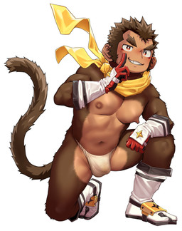 anthro asian_clothing balls_outline barazoku bulge clothing detailed_bulge east_asian_clothing footwear fundoshi genital_outline gloves handwear japanese_clothing kemono male mostly_nude ninja nipples penis_outline scarf simple_background smile smiling_at_viewer socks solo tabi_socks tail underwear warrior shiba_yuji vtuber hino_arashi haplorhine mammal monkey primate hi_res