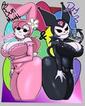 2022 4:5 5_fingers accessory anthro arm_under_breasts ass_to_ass bare_shoulders big_breasts black_bodysuit black_clothing black_eyes black_sclera black_skinsuit blue_hair bodysuit border breasts bunny_hood button_(fastener) cleavage clothed clothing cotton_tail curvy_figure daisy_(flower) demon detailed_background duo ears_up empty_eyes eyebrows eyelashes female fingers floppy_ears flower flower_hair_accessory flower_in_hair fool's_hat gradient_background grey_border grey_hair hair hair_accessory hand_on_leg hand_on_thigh hat headgear headwear hi_res jester jester_outfit jyto kuromi lace lagomorph leporid looking_at_viewer mammal my_melody narrowed_eyes onegai_my_melody pink_bodysuit pink_clothing pink_hair pink_nose pink_skinsuit plant ponytail portrait purple_background rabbit red_background sanrio shaded short_tail simple_background skinsuit skull_symbol smile smirk spade_tail standing tail text thick_thighs three-quarter_view tight_clothing white_body wide_hipped_female wide_hips yellow_nose