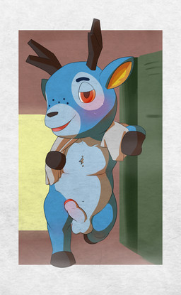 anthro antlers balls bedroom_eyes biped border erection foreskin freckles front_view genitals half-closed_eyes horn humanoid_genitalia humanoid_penis inviting leaning leaning_sideways locker locker_room looking_at_viewer male narrowed_eyes nude on_one_leg open_mouth partially_retracted_foreskin penis seductive solo standing towel towel_around_neck conditional_dnp mabit animal_crossing nintendo bam_(animal_crossing) deer mammal digital_media_(artwork) hi_res