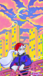 anthro blue_clothing blue_jacket blue_topwear building clothing cloud cosmic_background dreamcore fur jacket long_ears male moon pink_background red_helmet shooting_star simple_background skinny sky skyscape solo star starry_background starry_sky toony topwear vintage white_body white_fur wind yellow_background dulceplum lagomorph leporid mammal rabbit animated chromatic_aberration digital_drawing_(artwork) digital_media_(artwork) no_sound shaded short_playtime webm
