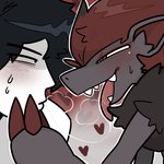 anthro biped black_body black_fur blush bodily_fluids duo fur green_eyes grey_body grey_fur male open_mouth red_body red_fur saliva saliva_string tongue tongue_out svkhaiminh nintendo pokemon generation_5_pokemon human mammal pokemon_(species) zoroark 1:1 hi_res