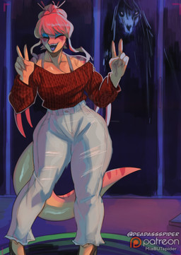 5_fingers anthro arm_spikes big_breasts blue_eyeshadow bottomwear bra_strap breasts camera_view claws clothed clothing curvy_figure denim denim_bottomwear denim_clothing duo eyelashes eyes_closed eyeshadow female finger_claws fingers footwear front_view gesture glistening glistening_body glistening_breasts glistening_scales glistening_tail hair hair_bun hand_gesture high_heels huge_thighs jeans long_tail makeup medium_hair multicolored_body multicolored_scales off_shoulder open_mouth open_smile pants patreon_logo pink_body pink_hair pink_scales pink_stripes raining red_clothing red_sweater red_topwear scales shoes smile spikes spikes_(anatomy) striped_body striped_scales stripes sweater tail tan_body tan_scales text thick_thighs topwear v_sign voluptuous voluptuous_anthro voluptuous_female wide_hipped_anthro wide_hipped_female wide_hips window deadassspider cavemanon_studios patreon scp_foundation snoot_game callie_(snoot_game) scp-1471-a allosauroid canid canine carcharodontosaurid concavenator dinosaur malo mammal prehistoric_species reptile saurischian scalie theropod 2026 absurd_res artist_name digital_drawing_(artwork) digital_media_(artwork) hi_res watermark