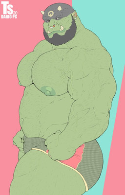 abs abstract_background bald barazoku beard biceps big_muscles big_pecs bottomwear clothed clothing ear_piercing ear_ring facial_hair facial_markings facial_piercing glowing glowing_markings head_markings horn hotpants looking_at_viewer male markings muscular muscular_humanoid muscular_male navel nipples nose_piercing nose_ring not_furry pecs piercing ring_piercing shadow shorts simple_background smile solo standing thick_thighs topless topless_male tusks vein veiny_muscles tylerstark humanoid orc 2020