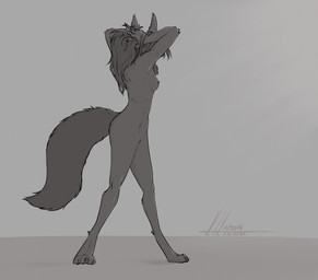 4_toes anthro areola barbell_piercing breasts ear_piercing feet female genitals industrial_piercing looking_away navel navel_piercing nipple_piercing nipples piercing pubes side_view solo standing toes vulva commandercross charity_cross canid canine canis mammal wolf hi_res monochrome