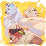 anthro black_nose brown_body brown_fur cigarette eyewear facial_scar fur glasses group hair male nipples red_nipples scar smoking tied_hair trio white_body white_fur ciloh lifewonders tokyo_afterschool_summoners jack_frost_(tas) kimun_kamui_(tas) leib_(tas) bear mammal polar_bear ursine 1:1 2025 colored signature