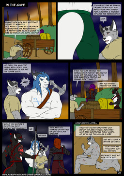 anthro axe beaten blood bodily_fluids bottomless bruised bulge clothed clothing crossed_arms detailed_background dialogue fur genitals group hair horn lying male melee_weapon muscular nude on_side open_mouth penis polearm shirtless smile spear standing tail teeth text tongue weapon hunterramirez mythology nick_(nick73188) canid canine canis dragon mammal mythological_creature mythological_scalie scalie wolf comic digital_media_(artwork) english_text hi_res url