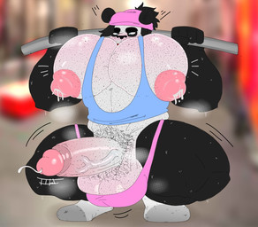 anthro balls barbell beanie big_balls big_muscles big_nipples big_pecs bodily_fluids body_hair chest_hair clothing cum erection exercise footwear genital_fluids genitals hair hat headgear headwear huge_muscles huge_pecs humanoid_genitalia humanoid_penis lactating male male_lactation muscular muscular_anthro muscular_male nipples pecs penis pubes shirt socks solo squats sweat tank_top thong topwear underwear vein veiny_penis weightlifting workout local_candybot rekken_(candybot) bear giant_panda mammal 2021