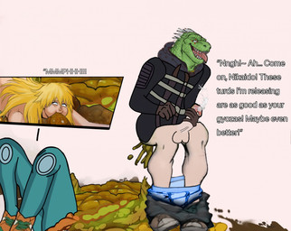 after_eating blonde_hair bodily_fluids bottomwear bottomwear_down boyfriend/girlfriend buried buried_in_feces clothed clothing cum dialogue dominant dominant_male duo eating_feces ejaculation enjoying excessive_feces feces feces_in_mouth female footwear forced genital_fluids genitals hair hyper hyper_feces male male/female masturbation pants pants_down partially_clothed penis pooping shoes submissive submissive_female taunting text toilet_slave tongue tongue_out underwear thegreatiron dorohedoro kaiman_(dorohedoro) nikaido_(dorohedoro) animal_humanoid human humanoid mammal reptile scalie scalie_humanoid english_text hi_res
