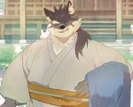 anthro asian_clothing clothing east_asian_clothing fur grey_body grey_fur hair japanese_clothing kimono long_hair male ponytail scar smile solo makihaori lifewonders tokyo_afterschool_summoners shino_(tas) canid canine canis domestic_dog mammal