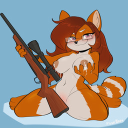 anthro big_breasts bodily_fluids breasts brown_hair eyewear female front_view fur genitals glasses gun hair holding_gun holding_object holding_ranged_weapon holding_rifle holding_weapon kneeling lactating looking_at_viewer milk nipples nude orange_body orange_fur ranged_weapon rectangular_glasses rifle smile sniper_rifle solo tail vulva weapon psakorn_tnoi abbigail_(garrettfalken22) ailurid mammal red_panda 1:1 absurd_res hi_res