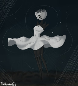 4_legs 6_eyes anthro black_body bottomwear clothed clothing clothing_lift dress dress_lift female multi_eye silk silk_clothing skirt skirt_lift solo text white_clothing white_text the_nameless_guy hollow_knight:_silksong hollow_knight_(franchise) team_cherry first_sinner arachnid arthropod spider weaver_(hollow_knight) 2025 artist_name english_text hi_res