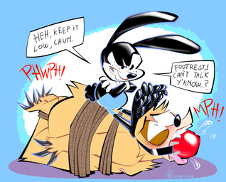 3_fingers 3_toes anthro ball_gag bdsm black_body black_nose blue_background blush bondage bound buckteeth claws clothed clothing dialogue dominant duo feet fingers foot_focus fur gag gagged glistening gloves handwear humiliation nipples nude restraints rope rope_bondage simple_background speech_bubble teeth text toe_claws toes toony topless white_body oddjuice disney oswald_the_lucky_rabbit lagomorph leporid mammal pilosan rabbit sloth xenarthran 2021 digital_drawing_(artwork) digital_media_(artwork) english_text hi_res