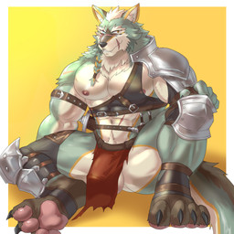 abs anthro armor balls black_nose bottomwear braided_hair bulge claws clothing detailed_bulge facial_scar fantasy feet fur genital_outline genitals green_body green_fur hair heterochromia humanoid_genitalia kemono loincloth looking_at_viewer male melee_weapon midriff mostly_nude multicolored_body multicolored_fur muscular muscular_anthro muscular_male nipples pawpads paws pecs penis_outline scar scars_all_over simple_background sitting solo spread_legs spreading sword toe_claws weapon white_body white_fur weedwolf rorik_(rossciaco) canid canine canis mammal wolf 1:1
