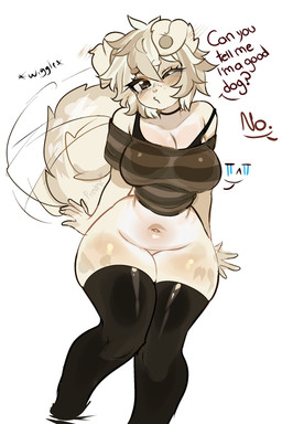 anthro big_breasts big_tail blush blush_lines bottomless bottomless_anthro bottomless_female bra_strap breasts choker clothed clothing curled_tail female female_anthro flirting fluffy fluffy_tail freckles front_view fur hair jewelry legwear navel necklace no_underwear off_shoulder offscreen_character one_eye_closed question shirt short_hair simple_background sitting solo stockings tail tail_motion tailwag talking_to_viewer tan_body tan_fur text thick_thighs topwear white_background fredek666 canid canine canis domestic_dog mammal 2025 absurd_res colored_sketch digital_drawing_(artwork) digital_media_(artwork) english_text hi_res portrait sketch three-quarter_portrait