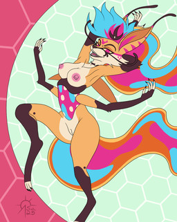 anthro breasts female genitals lamp lava_lamp nipples nude solo vulva wings sacrificabominat hellaverse helluva_boss queen_bee-lzebub_(helluva_boss) arthropod bee canid canine fennec_fox fox hymenopteran insect mammal true_fox hi_res