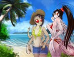 anthro arthropod_abdomen beach bikini black_hair bottomwear bra breast_size_difference breasts butt clothed clothing day duo female hair hat headgear headwear hotpants insect_wings long_hair non-mammal_breasts outside palm_tree plant ponytail red_eyes sand sea seaside shorts skimpy small_breasts smile standing sun_hat swimwear tree two-piece_swimsuit underwear water wings rotarr nae rotarr_(character) arthropod fly_(animal) housefly insect mantis