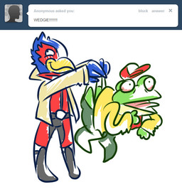 anthro ask_blog beak belt blue_body blue_feathers bottomwear briefs bulging_eyes bullying clothing duo feathers green_body green_skin grey_bottomwear grey_clothing grey_pants hat headgear headwear jacket male open_mouth orange_beak pants red_body red_clothing red_feathers red_hat red_headwear red_scarf red_shirt red_topwear scarf shirt simple_background smile tighty_whities tongue tongue_out tongue_showing topwear underwear wedgie white_background white_briefs white_clothing white_hat white_headwear white_underwear yellow_clothing yellow_jacket_(clothing) yellow_topwear slippy_o'donnell nintendo star_fox tumblr falco_lombardi amphibian avian frog