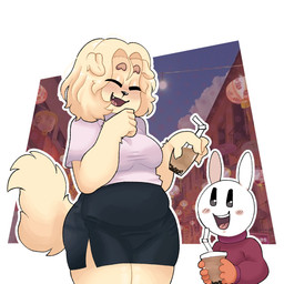anthro beverage black_eyes black_nose blush blush_lines blush_stickers bottomwear breasts brown_eyebrows bubble_tea clothed clothing duo eyebrows female fluffy fluffy_tail fur glistening glistening_eyelids glistening_eyes hair long_tail open_mouth open_smile red_tongue shirt short_hair skirt smile tail tan_body tan_ears tan_fur tan_hair tan_tail teeth teeth_showing thick_eyebrows tongue topwear white_body white_ears white_fur skibanana jessica_(skibanana) canid canine canis domestic_dog lagomorph leporid mammal rabbit 1:1 absurd_res hi_res