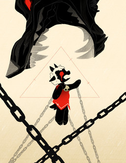 alternate_species anthro blood bodily_fluids bound chain chained clothed clothing duo feral horn male red_eyes sharp_teeth size_difference teeth thelastpilot cult_of_the_lamb massive_monster_(studio) lamb_(cult_of_the_lamb) narinder bovid canid canine canis caprine mammal sheep wolf 2022 absurd_res hi_res