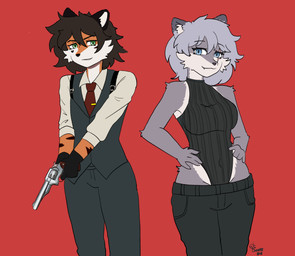 anthro black_nose blue_eyes breasts clothing duo female fur gloves grey_body grey_fur grey_hair gun hair handgun handwear inner_ear_fluff male necktie orange_body orange_fur ranged_weapon revolver ruger_redhawk scar sweater topwear tuft vest weapon white_body white_fur cheems_gin microsoft ruger_(brand) tango_gameworks the_evil_within azra_(vex714) joseph_oda tiger_boy_(vex714) canid canine canis felid mammal pantherine wolf 2025 absurd_res hi_res