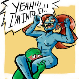 blue_nipples blush breasts duo female interspecies male nipples non-mammal_breasts non-mammal_nipples scar simple_background text unknown_artist undertale undertale_(series) anon undyne aquatic fish human mammal 1:1 english_text
