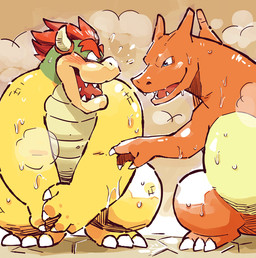 anthro bath bathhouse blush bodily_fluids covering covering_crotch covering_self duo embarrassed feral hair inside male male/male musclegut muscular nude overweight overweight_male red_hair shy standing steam sweat garouzuki mario_bros mythology nintendo pokemon bowser charizard dragon generation_1_pokemon koopa mythological_creature mythological_scalie pokemon_(species) scalie 2016