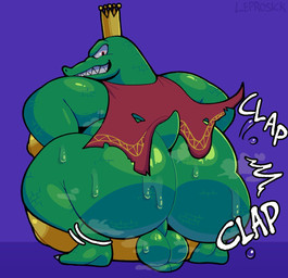 anthro ass_clapping balls belly belly_on_ground big_belly big_butt bodily_fluids butt cape claws clothing crown genitals green_body green_scales headgear huge_belly huge_butt looking_at_viewer male musk onomatopoeia pecs pupils red_eyes saggy_balls scales sharp_teeth short_tail slit_pupils solo sound_effects sweat sweaty_butt tail teeth text twerking leprosick donkey_kong_(series) nintendo king_k._rool crocodile crocodilian kremling reptile scalie