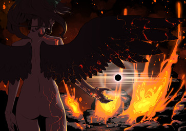 arm_markings black_wings brown_hair butt feathered_wings feathers female glowing glowing_markings hair hazard_symbol lava markings nude nude_female nude_humanoid radiation_symbol rear_view solo spread_wings standing symbol wings kawayabug touhou utsuho_reiuji animal_humanoid avian avian_humanoid humanoid winged_humanoid hi_res portrait three-quarter_portrait