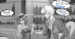 bar clothing dialogue duo female hat headgear headwear horn jewelry long_tail male male/female necklace tail cinkoji aleksi arima_(anaid) cyclops humanoid tailclops_(race) tailclops_(species) absurd_res greyscale hi_res monochrome