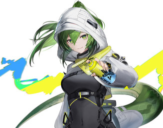accessory black_bodysuit black_clothing black_skinsuit bodysuit breasts clothing female green_eyes green_hair hair hair_accessory hair_between_eyes hood jacket long_hair medium_breasts navel paint ponytail skinsuit smile solo spray_can spray_paint tail tight_clothing topwear white_clothing white_jacket white_topwear eugle_n_a arknights arknights_endfield hypergryph studio_montagne fluorite_(arknights) animal_humanoid humanoid reptile reptile_humanoid scalie scalie_humanoid snake_humanoid absurd_res hi_res