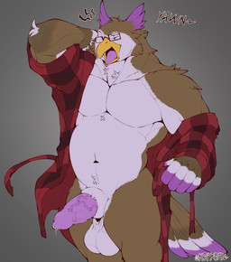 animal_genitalia animal_penis anthro balls bathrobe beak big_penis bodily_fluids brown_body brown_feathers clothed clothing dripping erection eyewear feathers front_view genital_fluids genitals glasses hand_behind_head male musclegut muscular muscular_anthro muscular_male navel open_beak open_clothing open_mouth open_robe penis precum precum_drip rectangular_glasses robe robe_only slightly_chubby solo standing tail tail_feathers tired vein veiny_penis yawn kopyorh jojo_(jojoborb) avian bird owl hi_res