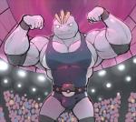 biceps bulge clothed clothing crowd flexing group heavy_ball male muscular muscular_male pokeball stadium wrestling_singlet maldu nintendo pokemon generation_1_pokemon machoke pokemon_(species) 2019