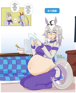 belly big_belly big_breasts blue_eyes bottomwear breasts burping clothing crumbs_on_face dialogue duo eating female grey_hair hair huge_breasts kneeling navel pants plate purple_eyes shirt speech_bubble stuffing tail text tongue tongue_out topwear clinkoclinko cygames uma_musume_pretty_derby oguri_cap_(pretty_derby) tamamo_cross_(pretty_derby) animal_humanoid equid equid_humanoid equine equine_humanoid horse_humanoid humanoid mammal mammal_humanoid 2025 absurd_res hi_res japanese_text signature