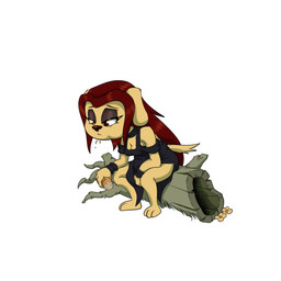 anthro bread breasts cleavage clothed clothing dress eating eyeshadow female flower food hair introspective magic_user makeup melancholic necromancer paws plant red_eyes red_hair simple_background sitting solo turkojar anima_(turkojar) bird_dog canid canine canis domestic_dog hunting_dog labrador mammal retriever 1:1 hi_res