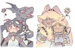 anthro belt blonde_hair eyewear fur goggles group hair hair_over_eyes heterochromia long_ears male ponytail_ears yellow_body yellow_fur q_o_o_p_x bandai_namco digimon angoramon digimon_(species) guilmon human lagomorph leporid mammal rabbit