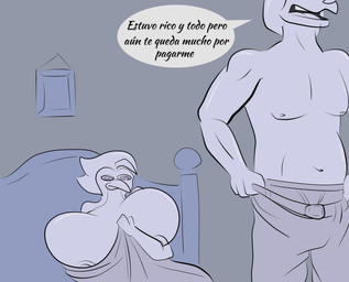 anthro beak bed big_breasts bottomwear breasts clothing dressing duo female furniture huge_breasts male nude pants text kuge kuge_(kuge05693344) avian bird mammal penguin hi_res monochrome spanish_text