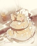 2022 anthro barely_visible_genitalia barely_visible_penis bathing belly big_belly blush butt ganglie_(tas) genitals hi_res humanoid_hands kemono lifewonders male mammal moobs nipples overweight overweight_male penis sitting solo suid suina sus_(pig) tokyo_afterschool_summoners umekemo42 wild_boar