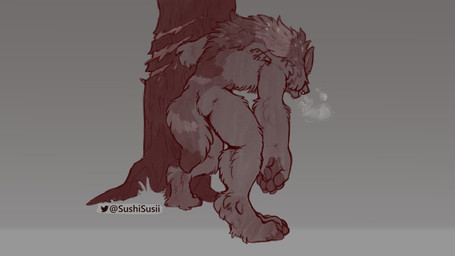 after_transformation anthro bent_over breath exhausted fur grey_background male naturally_censored nude open_mouth pawpads plant scratch_mark sharp_teeth simple_background solo tattoo teeth tired tree sushisusii mythology canid canine mammal mythological_canine mythological_creature werecanid werecanine werecreature werewolf monochrome signature