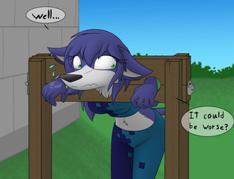 anthro blue_body blue_fur blue_hair bodily_fluids clothing female fur group hair long_hair nervous restrained restraints shirt short_tail solo speech_bubble stocks sweat sweatdrop tail tank_top topwear trio w0lfmare bloodline_(webcomic) ember_(bloodline) canid canine canis mammal wolf